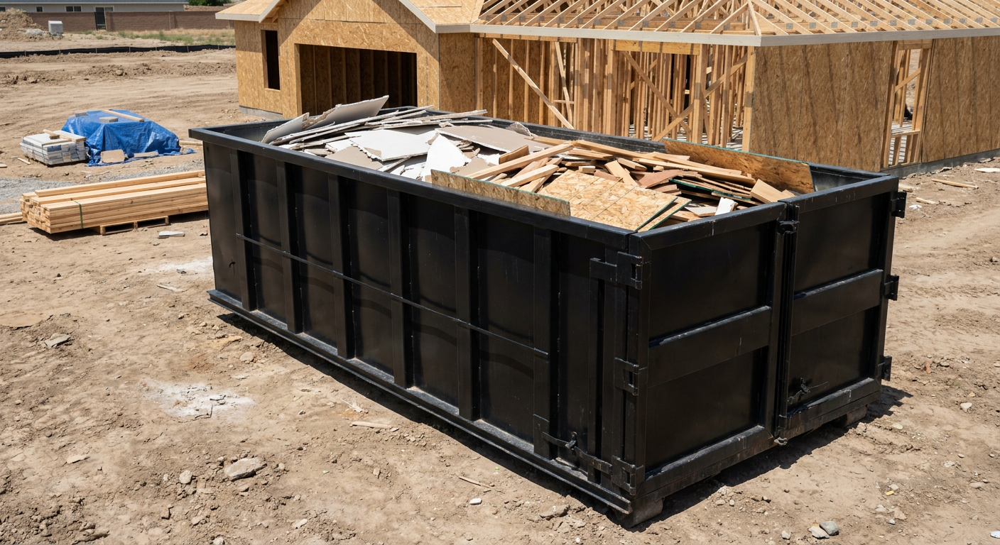 Matte-black 30-yard roll-off construction dumpster sitting directly on the compacted-dirt site of a framed single-family home build in Odessa, drywall and lumber scrap loaded inside.