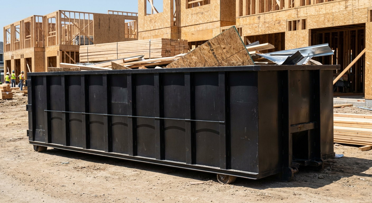 Matte-black 40-yard roll-off construction dumpster being lowered from a white-cab hooklift delivery truck onto the compacted-dirt jobsite at a commercial build site in Odessa