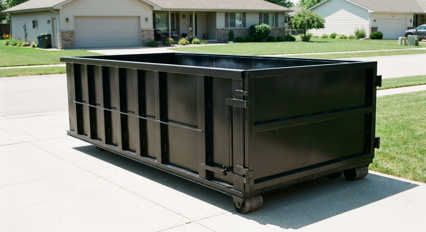Matte-black 10-yard roll-off dumpster on a residential concrete driveway in Odessa, uniformly painted matte black across every panel and rail, ribbed steel sidewalls and rear swing door visible, mid-day daylight.