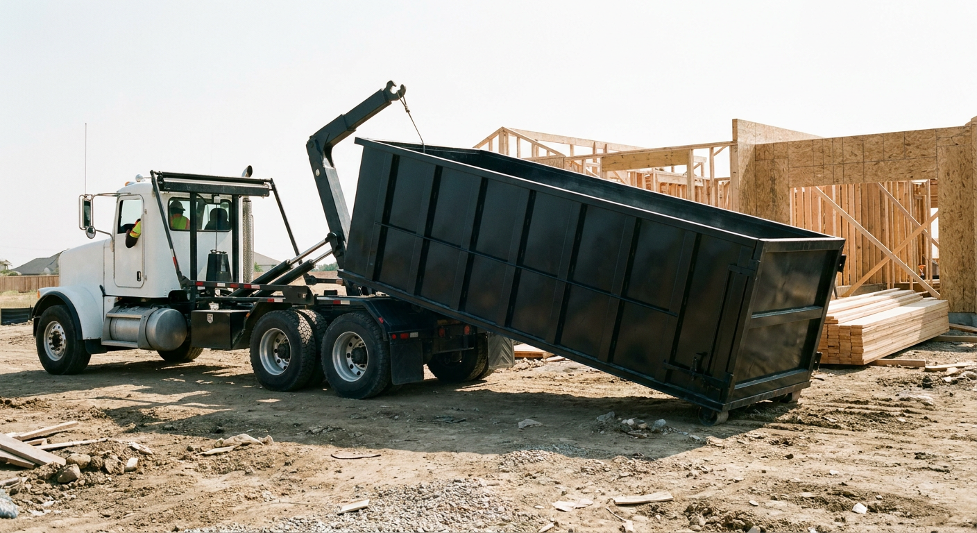 Matte-black roll-off dumpster being delivered onto a clean residential concrete driveway in Odessa by an unmarked white hooklift hauler truck, bright morning daylight, documentary 35mm perspective.