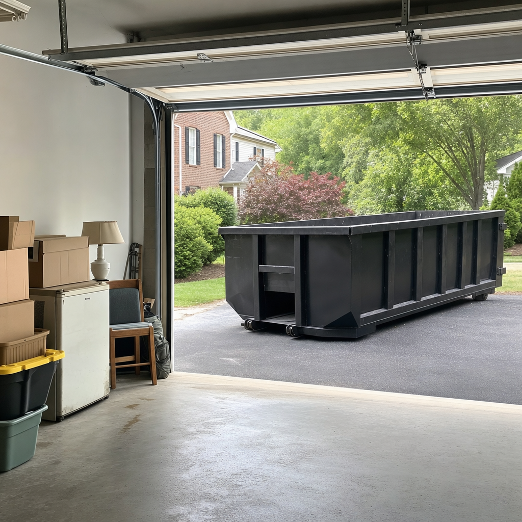 Open garage interior in a Odessa home mid-cleanout — boxed items, an old appliance, and stacked yard tools queued near the driveway for a matte-black roll-off dumpster, organized and calm