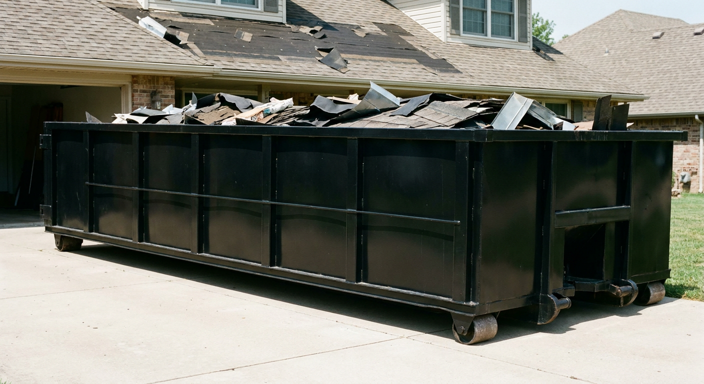 Matte-black 20-yard roofing roll-off dumpster with steel ribbed sides and swinging rear door, sitting directly on the concrete driveway of a two-story Odessa home, asphalt shingle debris being loaded over the low wall, clean documentary lighting.
