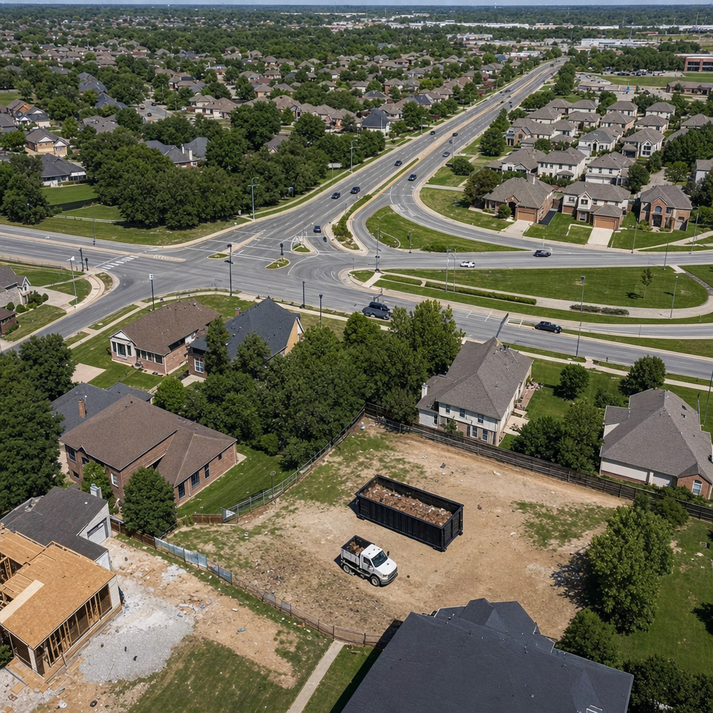 An overhead documentary view of the Odessa metro area at midday, showing the spread of neighborhoods, arterial roads, and the dispatch radius from a central yard — clean daylight, organized geographic layout.