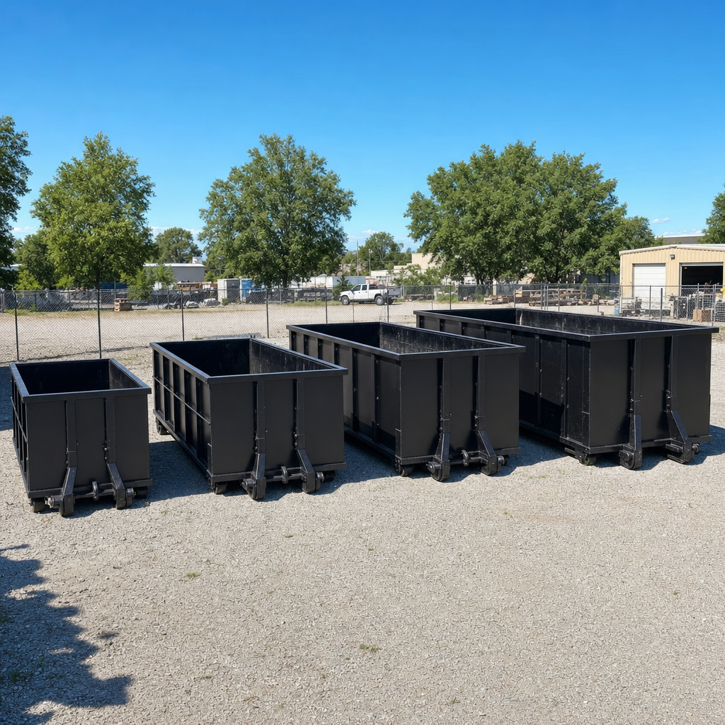 A clean lineup of matte-black roll-off dumpsters in 10, 20, 30, and 40-yard sizes staged on a sunlit gravel yard in Odessa, showing the size progression from compact to commercial-scale containers.