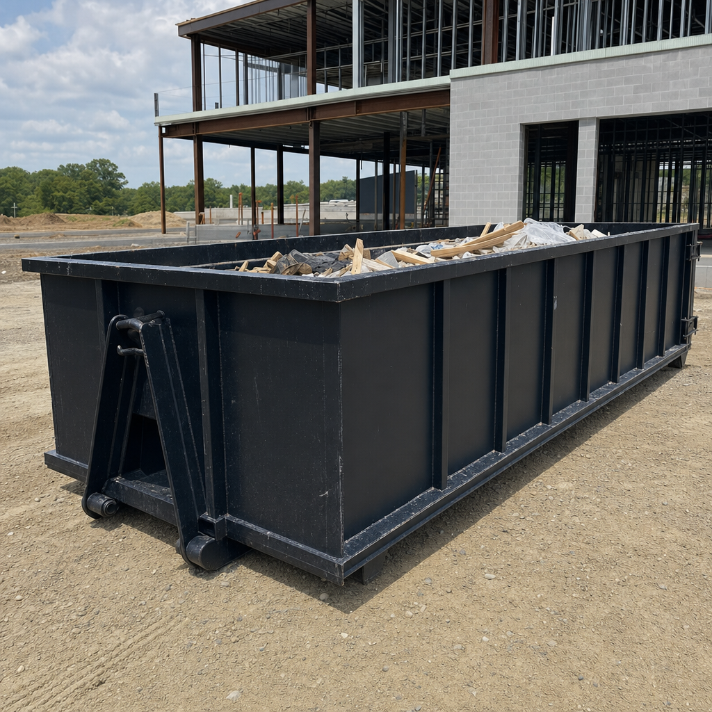 A matte-black 40-yard roll-off dumpster staged on a large Odessa commercial construction lot, with a hooklift delivery truck parked alongside under bright midday sky.
