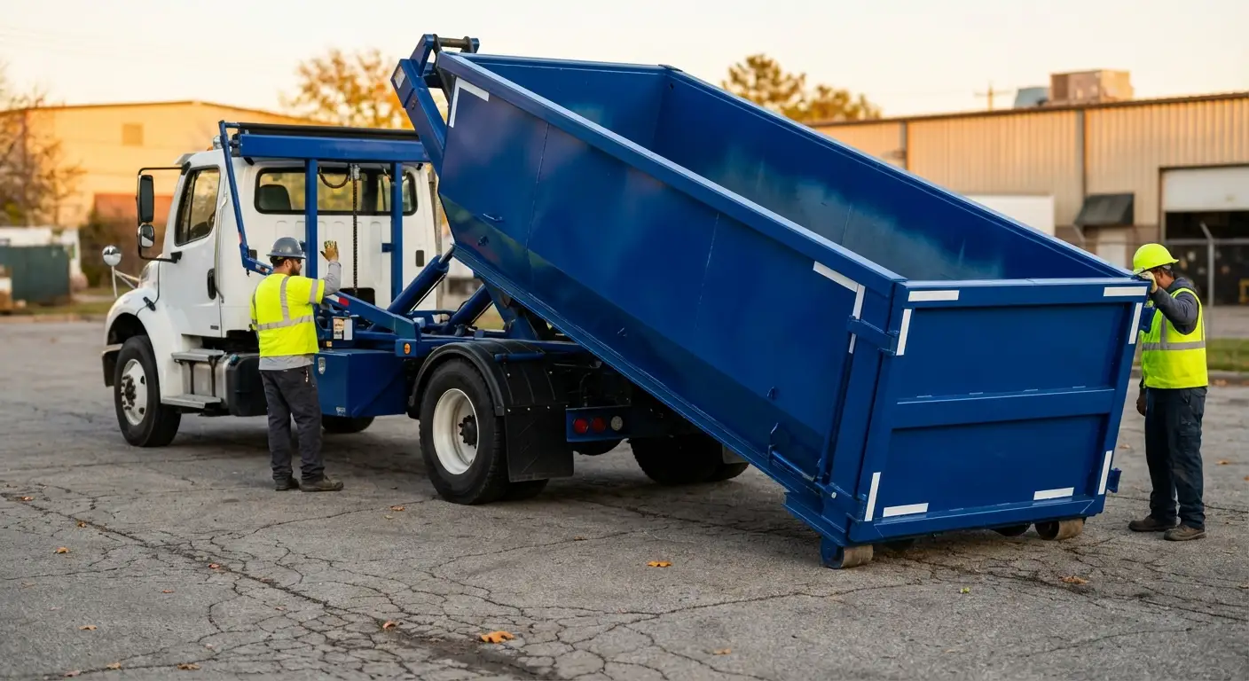 Roll-off dumpster rental truck protecting driveway surfaces in Odessa, TX